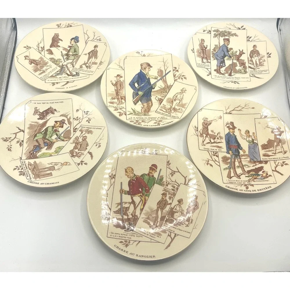 6 U&C faience plates from Sarreguemines hunt French humor funny hunting comedy
